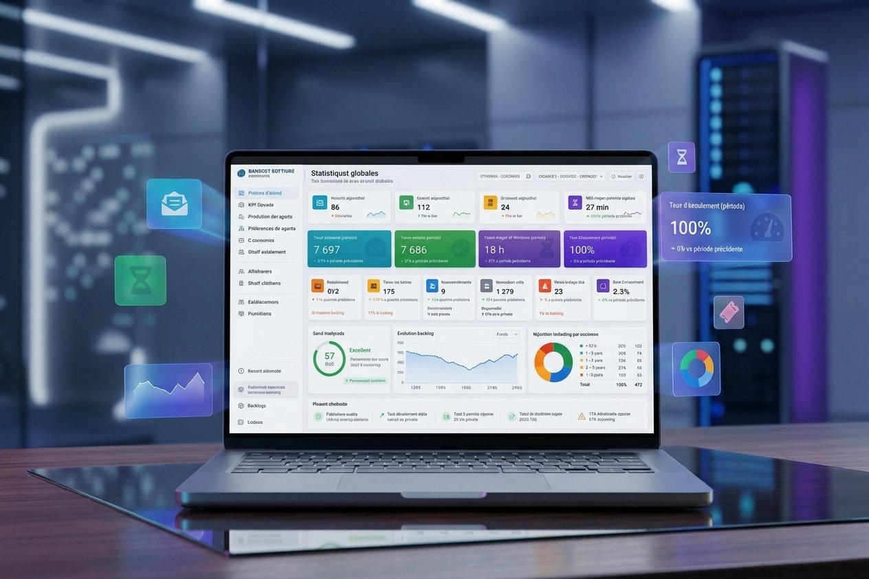 OsReports analytics dashboard displayed on a laptop in a modern server room